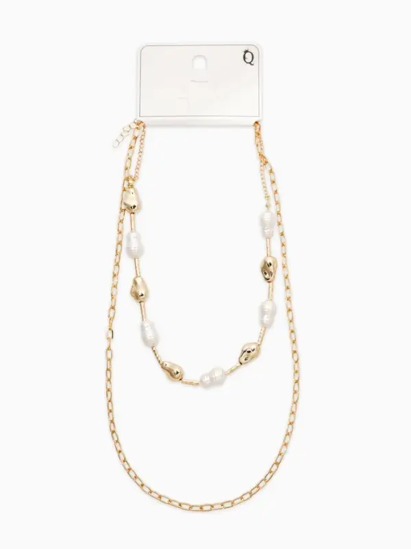 Колье "Жемчуг" борокко, цепь, удлиненное, 2 яруса, цвет белый в золоте