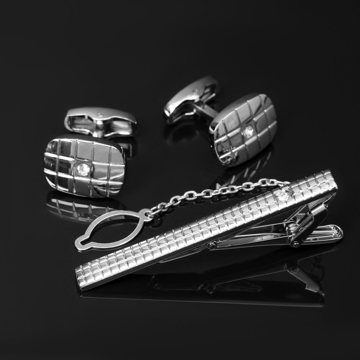 Набор мужской стальной &laquo;Запонки + Зажим для галстука&raquo; клетки, цвет белый в серебре