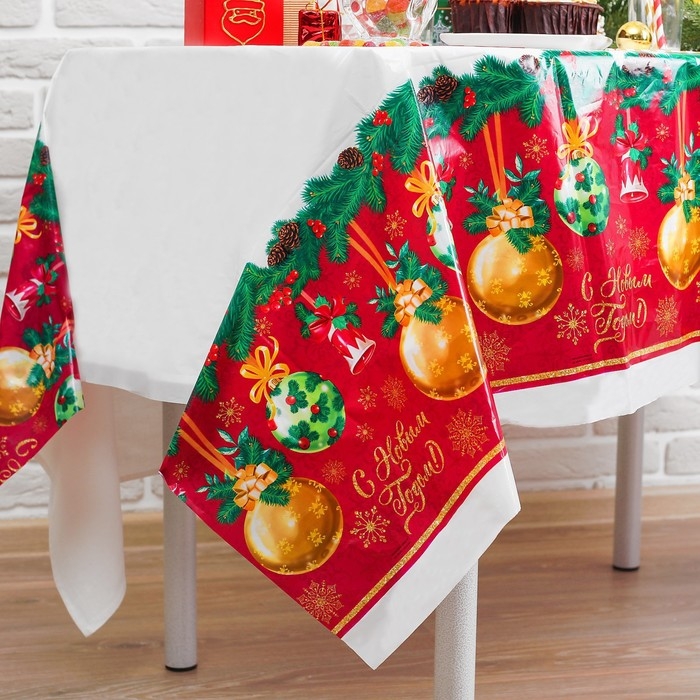 Новогодняя скатерть одноразовая &laquo;С Новым годом&raquo;, шарики, 182 х137 см