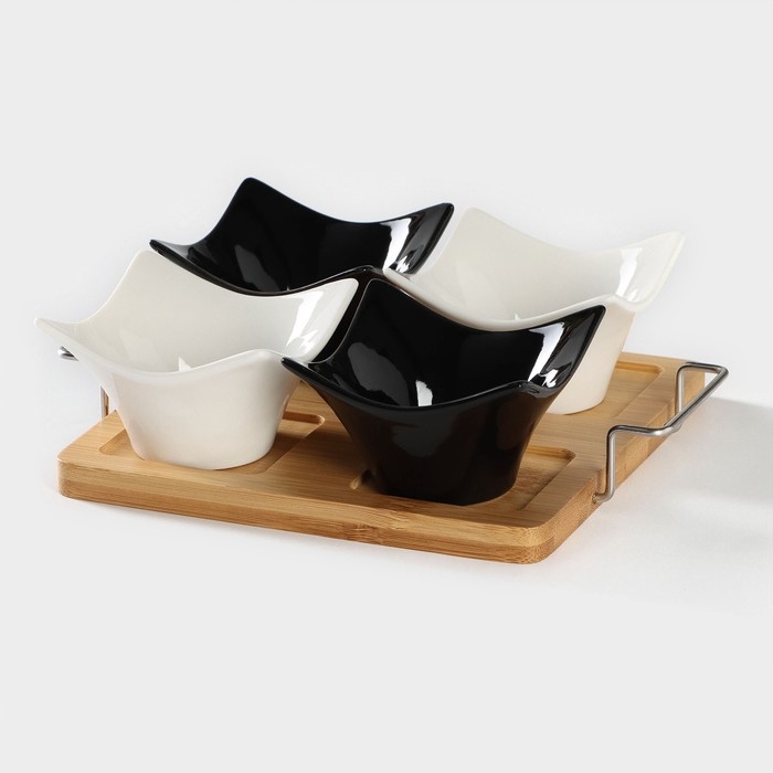 Набор салатников керамических на деревянной подставке «Инь-Янь.Квадрат», 5 предметов: 4 салатника 80 мл, подставка, цвет белый и чёрный Набор салатников керамических на деревянной подставке «Инь-Янь.Квадрат», 5 предметов: 4 салатника 80 мл, подставка, цвет белый и чёрный