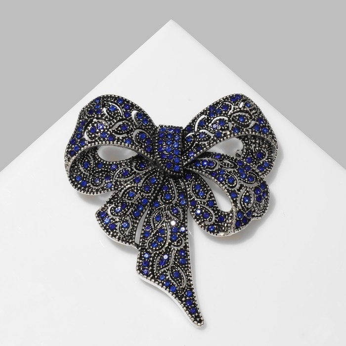 Брошь &laquo;Бант&raquo; узорчатый, цвет бело-синий в чернёном серебре