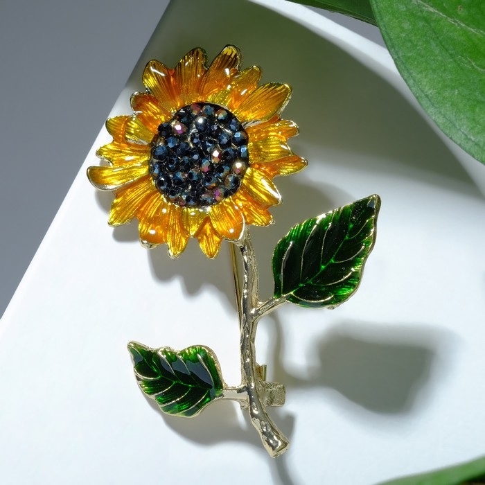 Брошь &laquo;Цветок подсолнуха&raquo; на стебле, цветная в золоте