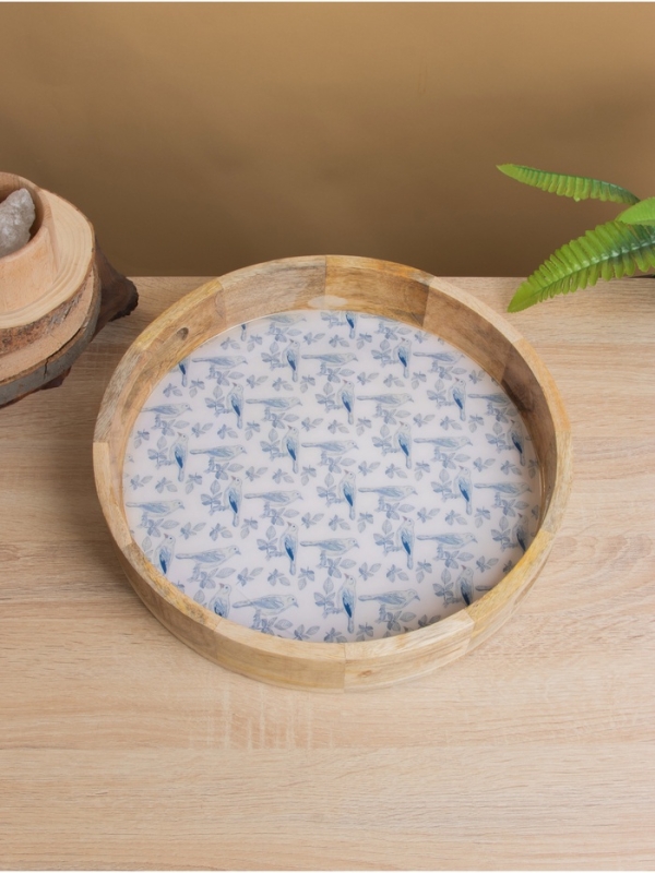Поднос круглый с бортиками "Синие птицы" дерево манго 35х35х6,5 см