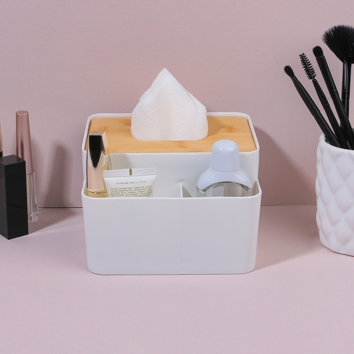 Органайзер для хранения &laquo;BAMBOO&raquo;, с крышкой, 3 секции, 16 &times; 15 &times; 10 см, цвет белый/коричневый