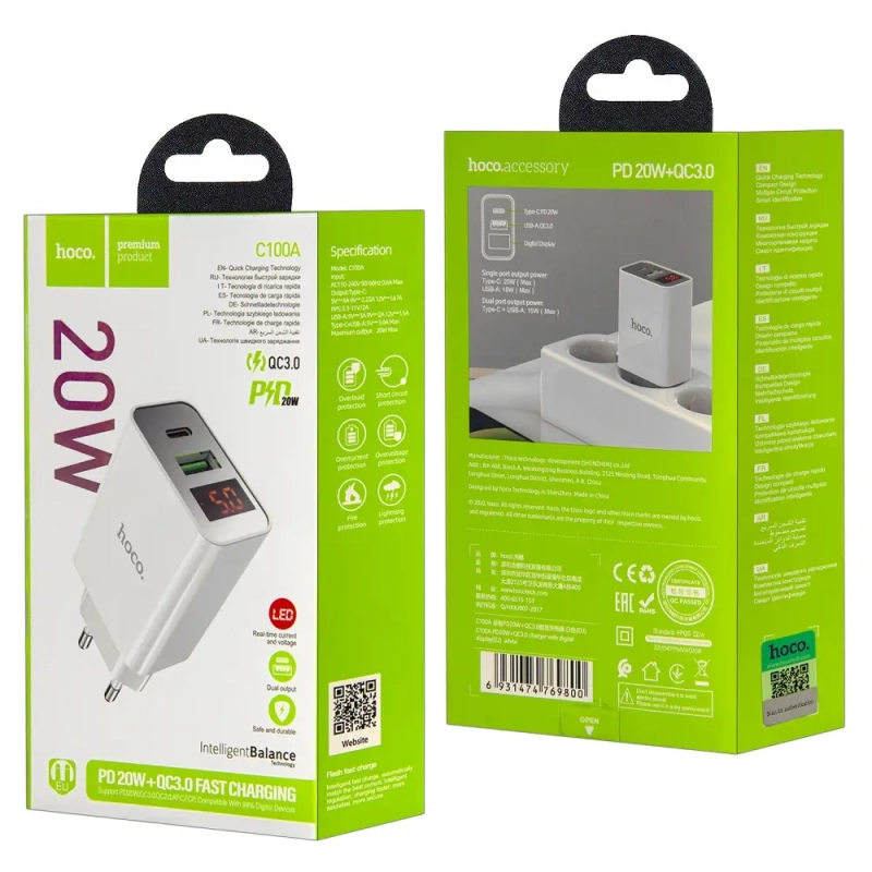 Переходник C100A СЗУ на USB QC3.0 + Type-C PD20W HOCO белый