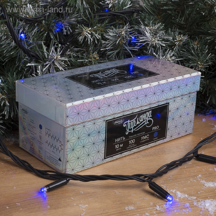 Гирлянда &laquo;Нить&raquo; 10 м, IP65, УМС, тёмная нить, 100 LED, свечение синее, мерцание белым, 220 В