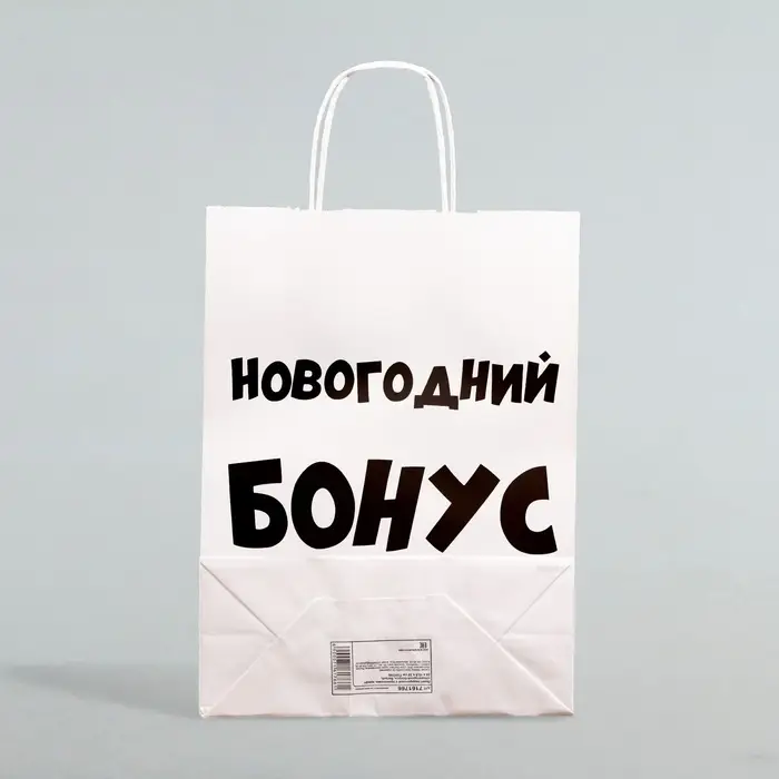 Пакет бумажный подарочный новогодний крафт &laquo;Новогодний бонус&raquo;, белый, 28&times;24&times;14 см