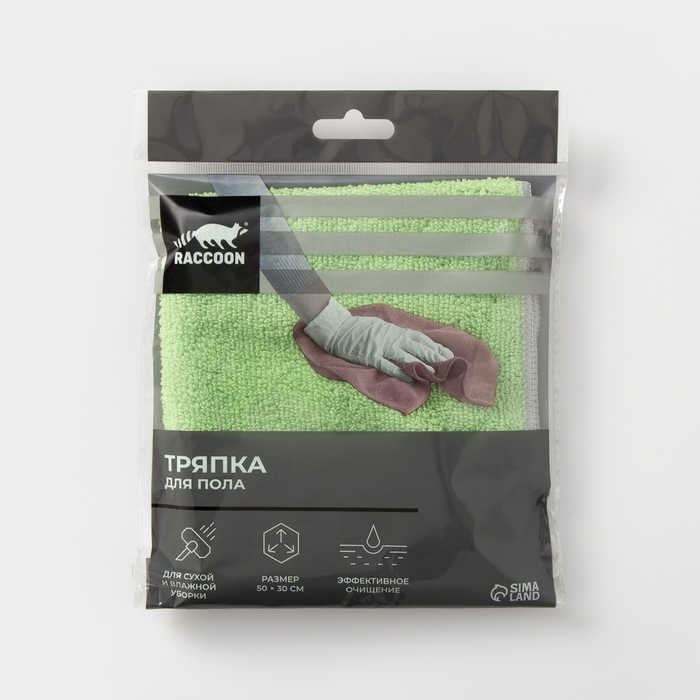 Тряпка для пола Raccoon, 250 г/м&sup2;, 50&times;30 см, микрофибра, с оверлоком, 1 шт, цвет зеленый