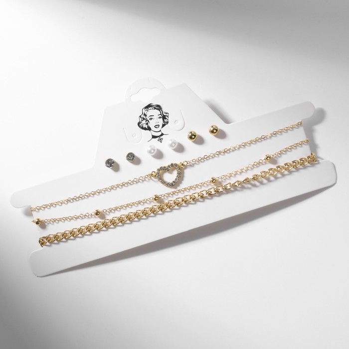 Набор: 3 колье, 3 пары пусет &laquo;Эстетика&raquo; сердце, цвет белый в золоте, 32 см