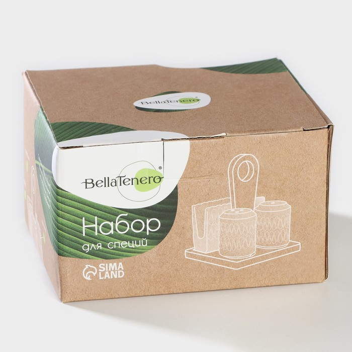 Набор керамический для специй на бамбуковой подставке BellaTenero &laquo;Герда&raquo;, 3 предмета: солонка 120 мл, перечница 120 мл, салфетница, цвет белый