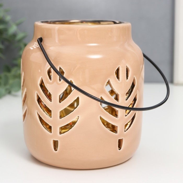 Подсвечник керамика на 1 свечу "Фонарь. Листья" внутри золото МИКС 11,5х9,5х9,5 см