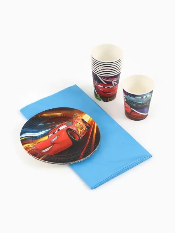 Посуда одноразовая бумажная на 10 персон: стаканы, тарелки, скатерть, Машинки