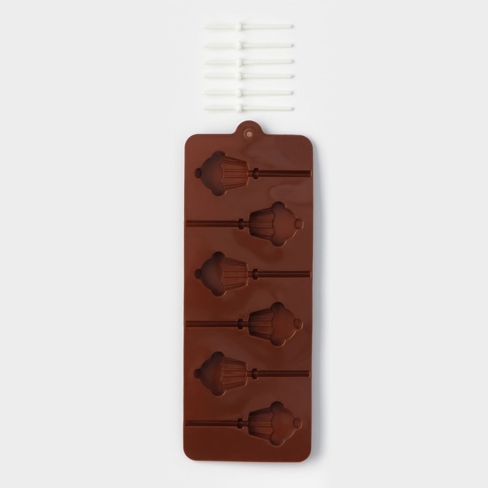 Форма для леденцов Доляна &laquo;Кексик&raquo;, силикон, 25&times;9,5&times;1,5 см, 6 ячеек, с палочками, цвет коричневый