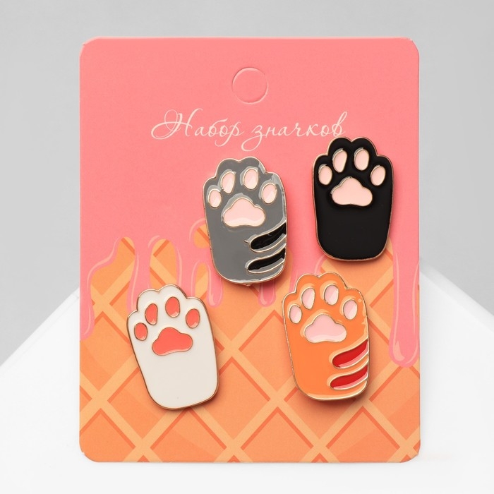 Набор значков (4 шт.) &laquo;Лапки&raquo; кошачьи, цветной в золоте