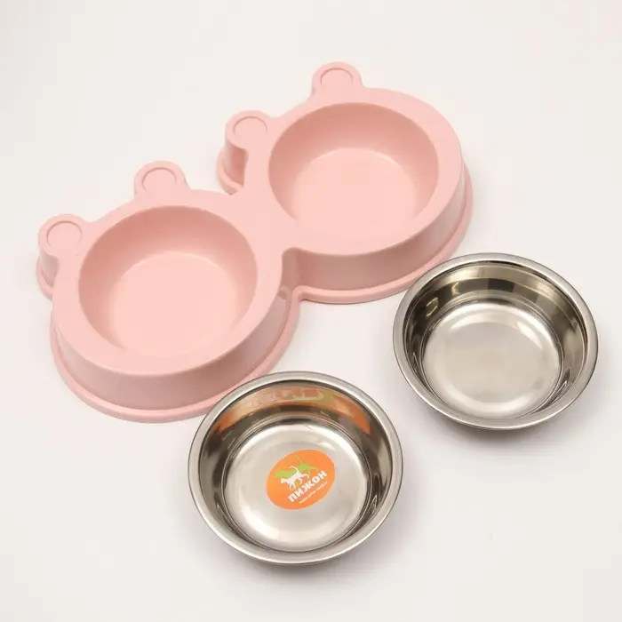 Миска металлическая двойная на пластиковой основе, 27,8 х 15,5 х 4 см, розовая