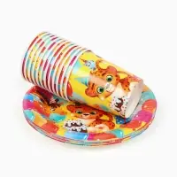 МП Набор бумажной посуды  "С Днём рождения, весёлые зверята", желтый , 12 персон