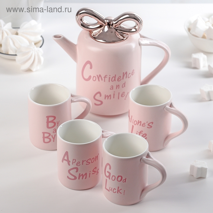 Набор керамический чайный на подставке &laquo;Бант&raquo;, 5 предметов: чайник 900 мл, 4 кружки 200 мл