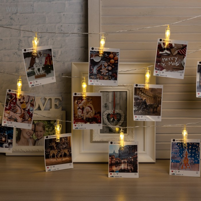 Гирлянда &laquo;Нить&raquo; 4.5 м с насадками &laquo;Прищепки&raquo;, IP20, прозрачная нить, 20 LED, свечение тёплое белое, 220 В