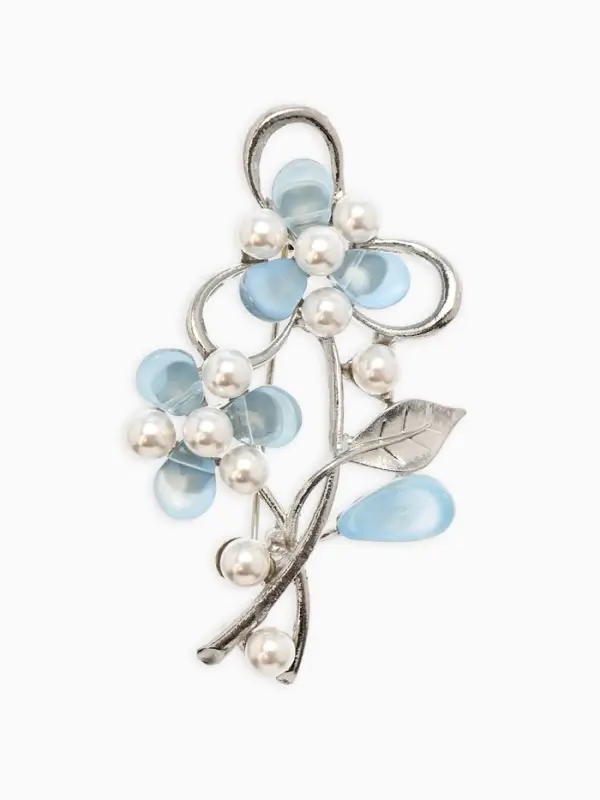 Брошь с жемчугом "Цветы", цвет голубой в серебре