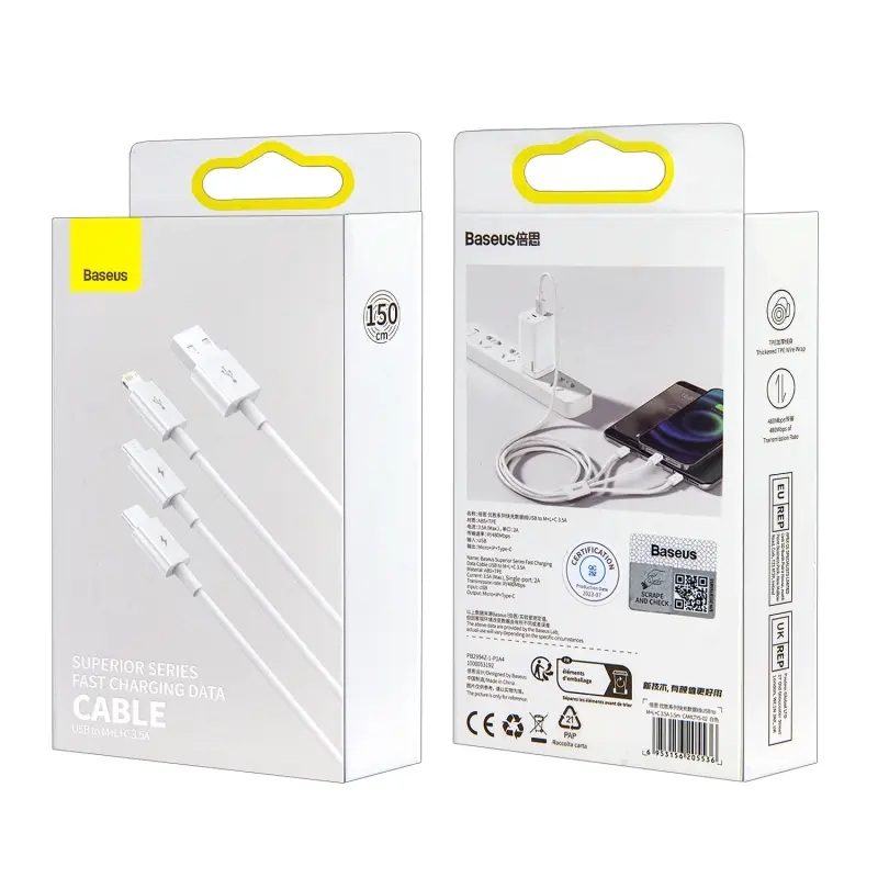 Кабель 3 в 1 Micro + Lightning + Type-C 1.5m 3.5A Baseus CAMLTYS-02 белый