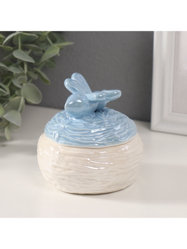 Шкатулка керамика "Пчёлка на улье" голубой перламутр 8,5х8,5х8 см