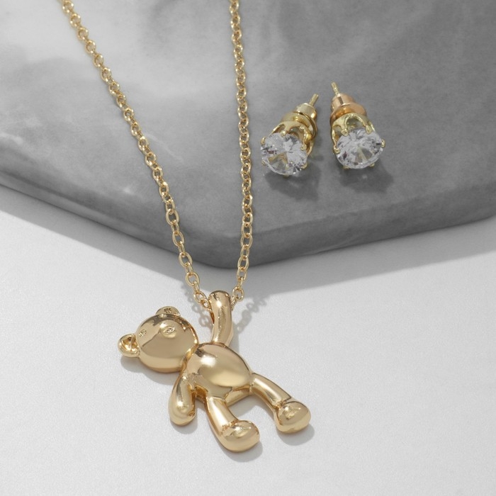 Гарнитур 2 предмета: серьги, кулон &laquo;Медведь&raquo; на лапе, цвет белый золоте, 40 см