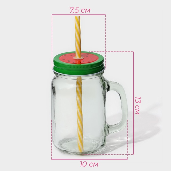 Кружка стеклянная с крышкой и трубочкой Доляна &laquo;Гладь&raquo;, 450 мл, 10&times;7,5&times;13 см, цвет МИКС