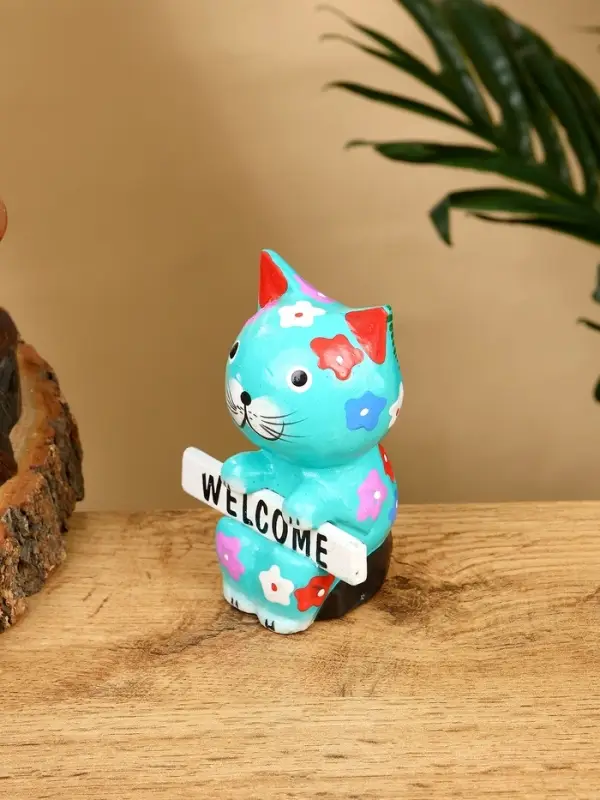 Сувенир "Кот с табличкой WELCOME" дерево 8х5х10 см, цв. бирюзовый