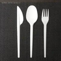 Набор пластиковых одноразовых столовых приборов 5 в 1: вилка, ложка, нож, салфетка, зубочистка, цвет белый