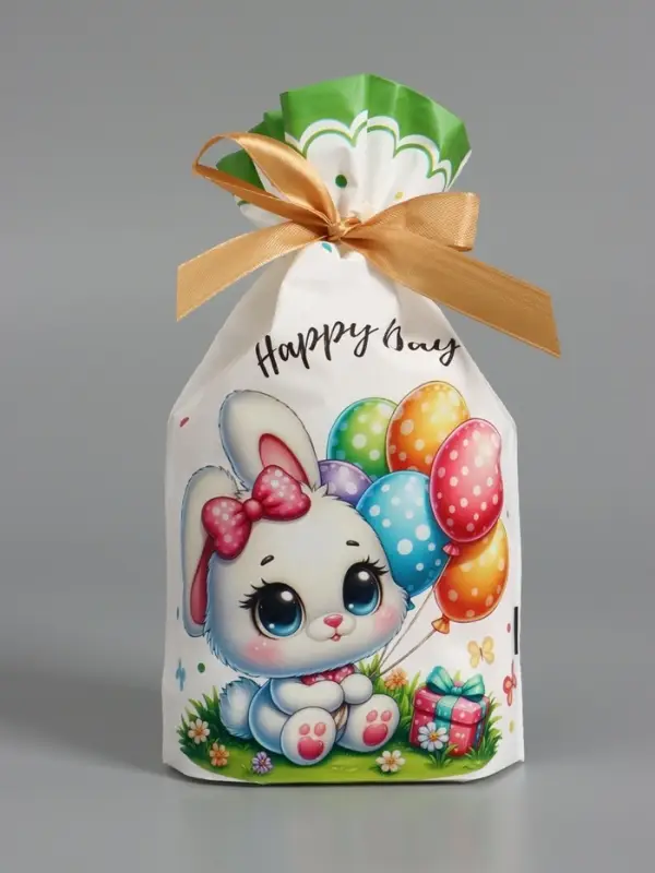 Пакет  полиэтиленовый подарочный "Заяц с цветами", с завязками, 15х23&plusmn;1 см