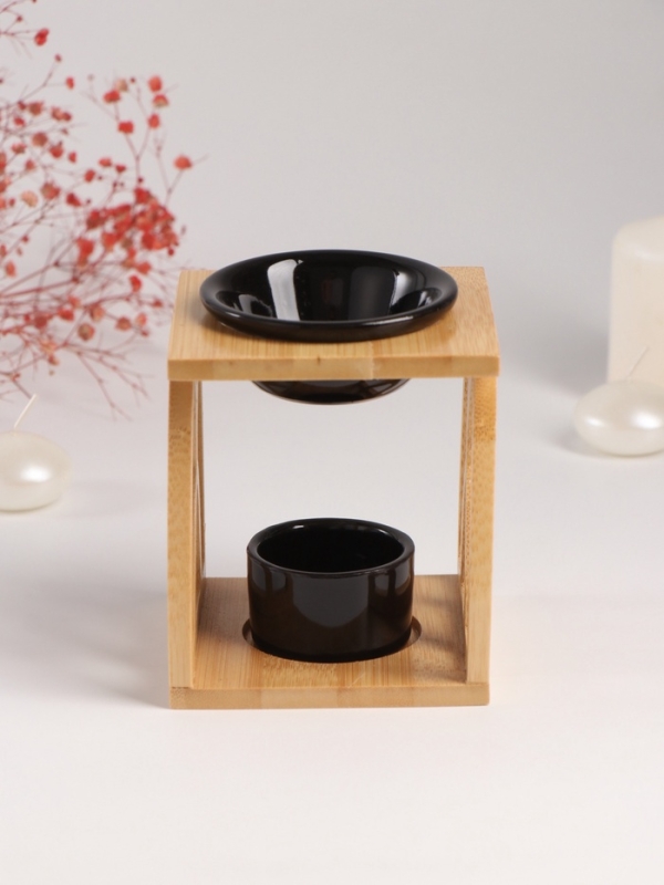 Аромалампа бамбук, керамика с подставкой под свечу "Узоры" чёрная 9,5х9,5х13,5 см