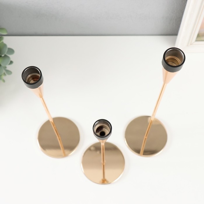 Подсвечник металл "Узкий бокал" d=2 см набор 3 шт золото с чёрным 25 см, 30 см, 34,8 см