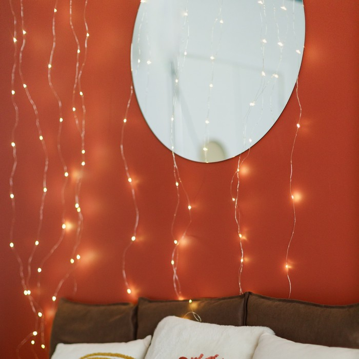 Гирлянда &laquo;Занавес&raquo; 2.8 &times; 3 м роса на крючках, IP20, серебристая нить, 300 LED, свечение тёплое белое, мерцание, USB