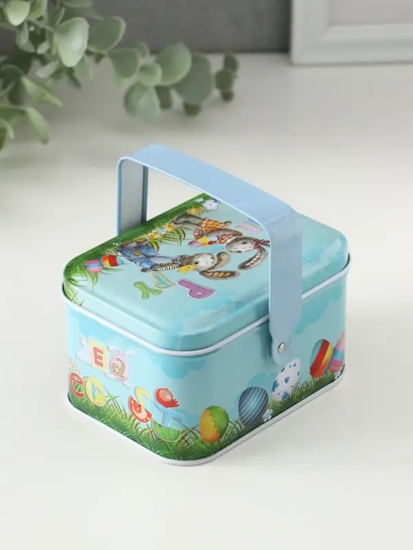 Шкатулка металл с ручкой "Крольчата с яичками" 6х10,5х8 см