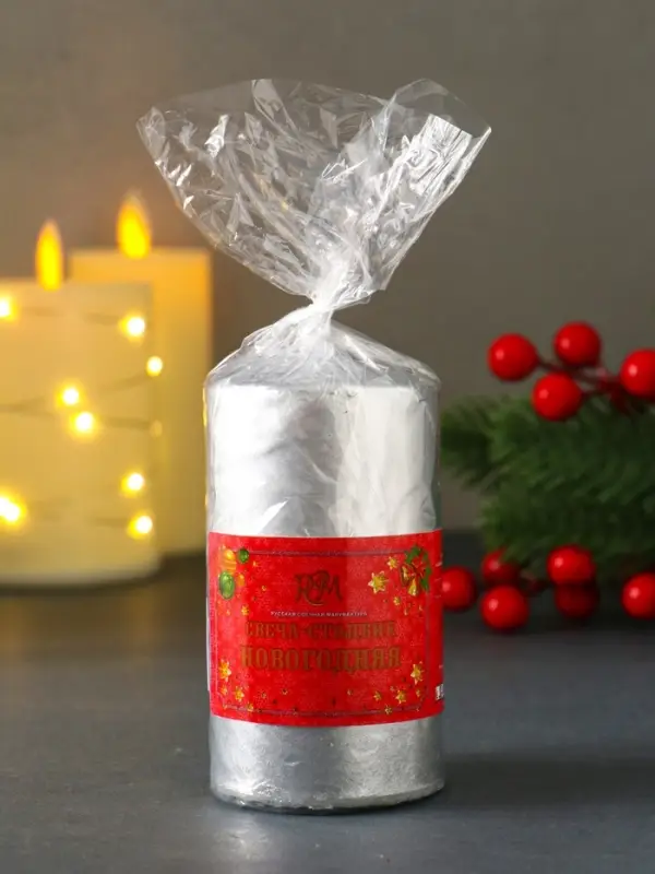 Свеча-столбик новогодняя 100х50 см, цв. серебряный