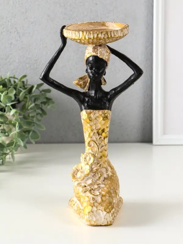 Подсвечник полистоун "Африканка в косынке с цветами" золото d=8 см 14х15х27,5 см