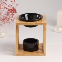 Аромалампа бамбук, керамика с подставкой под свечу "Узоры" чёрная 9,5х9,5х13,5 см