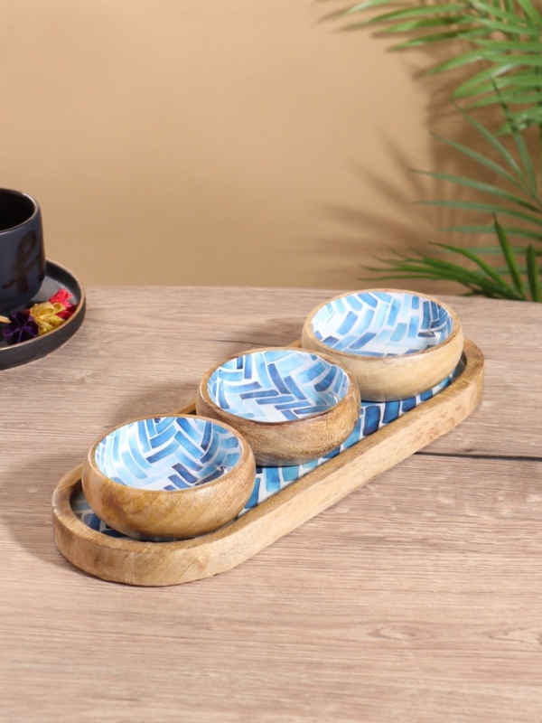 Набор розеток на подносе "Синие птицы" (3 шт) дерево манго 33,5х13х6,5 см