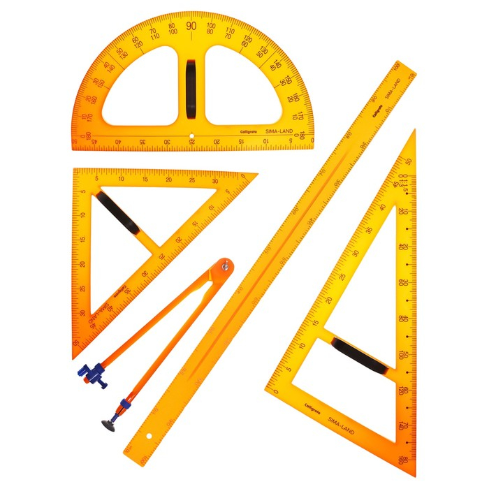 Набор для школьной доски, 5 предметов: 2 треугольника, 1 транспортир, 1 циркуль, 1 линейка