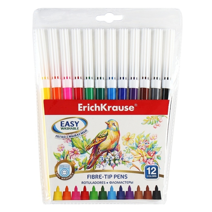 Фломастеры 12 цветов ErichKrause Easy Washable, 1-2 мм, европодвес, ультраяркие цвета, МИКС