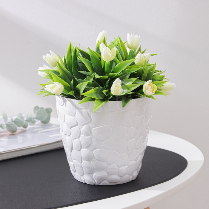 Горшок для цветов с поддоном &laquo;Камешки&raquo;, 1,6 л, пластик, белый