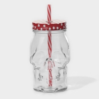 Кружка стеклянная с крышкой и трубочкой Доляна &laquo;Череп. Хэллоуин&raquo;, 400 мл, 9&times;14,5 см, цвет МИКС