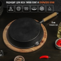 Сковорода чугунная Magma &laquo;Эко&raquo;, 25&times;4,5 см, с 2 сливами и съёмной деревянной ручкой, индукция, цвет чёрный