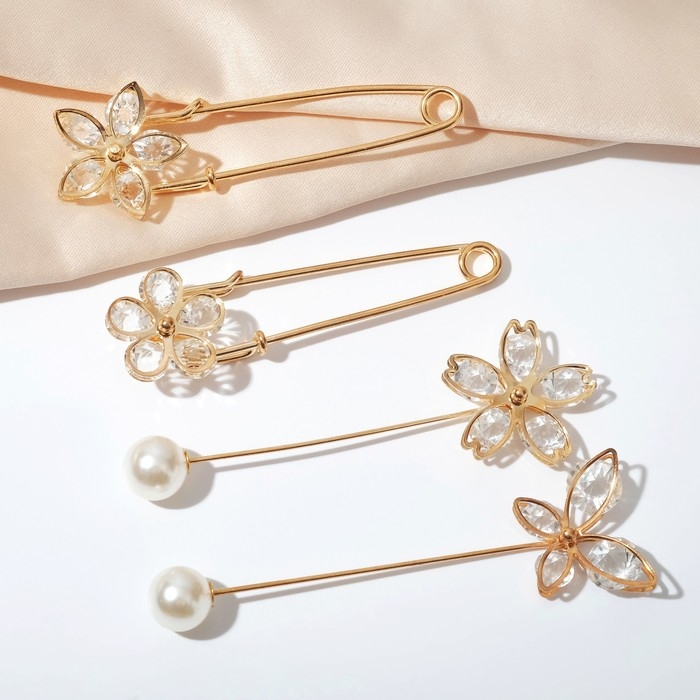 Набор булавок (4 шт.) &laquo;Цветы&raquo;, 8 см, цвет белый в золоте