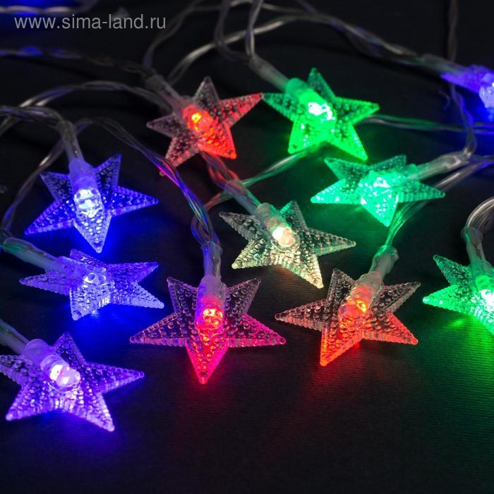 Гирлянда &laquo;Нить&raquo; 3 м с насадками &laquo;Звёзды&raquo;, IP20, прозрачная нить, 20 LED, батарейки AAх3 (нет в комплекте), свечение мульти