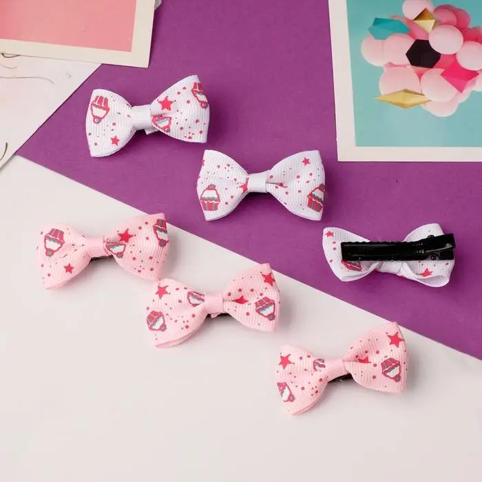 Зажим для волос "Бантик" звёзды и кексы 4,5 см, белый и розовый