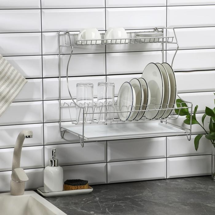 Сушилка для посуды с поддоном 2-х ярусная, настольно-настенная, 39,5&times;25&times;38 см, цвет хром