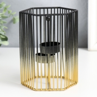 Подсвечник металл на 2 свечи "Шестиугольная клетка" d-4,5 см золот.-чёрный 11,5х11,5х15,5 см   93307