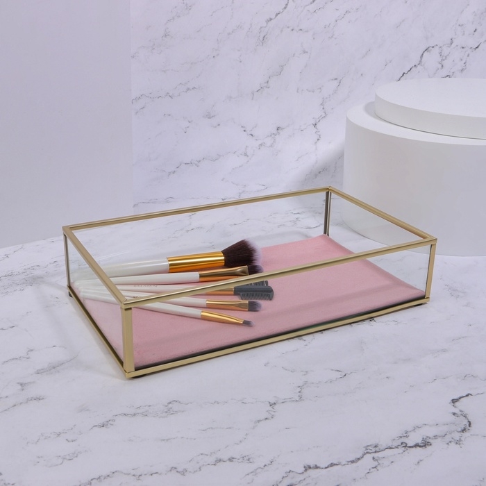 Органайзер для хранения &laquo;PINK RIPPLES&raquo;, стеклянный, 1 секция, 24 &times; 14 &times; 5 см, цвет прозрачный/медный/розовый