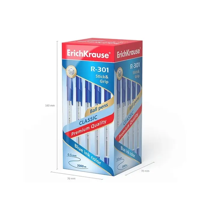 Ручка шариковая ErichKrause R-301 Classic Stick & Grip, узел 1.0 мм, синяя, с резиновым держателем, мягкое и комфортное письмо